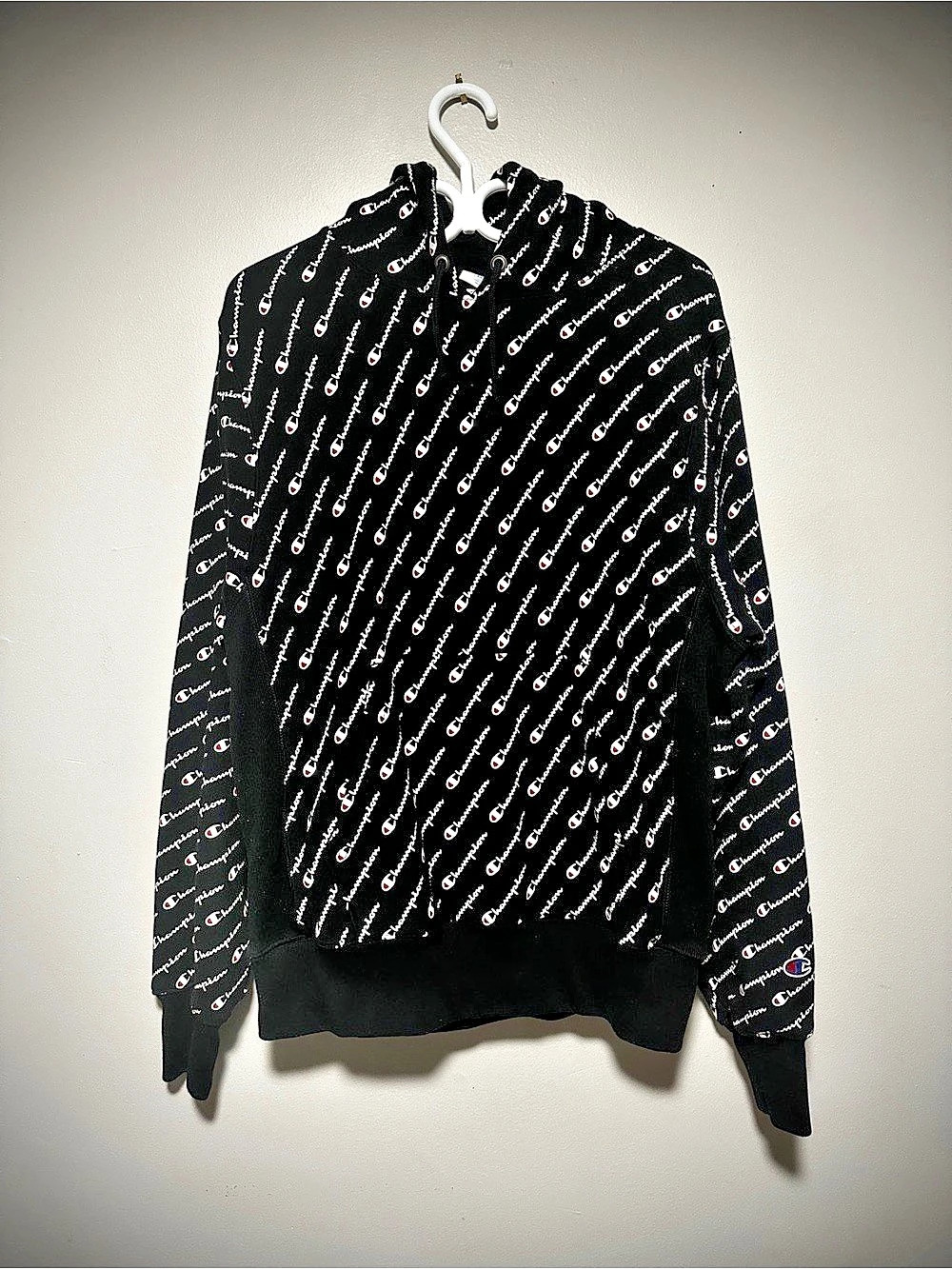 Champion Reverse Weave All Over Print Script Hoodie Medium